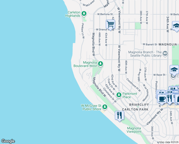 map of restaurants, bars, coffee shops, grocery stores, and more near 2587 Magnolia Boulevard West in Seattle