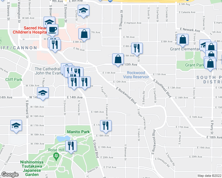 map of restaurants, bars, coffee shops, grocery stores, and more near 416 East Rockwood Boulevard in Spokane