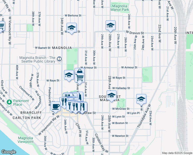 map of restaurants, bars, coffee shops, grocery stores, and more near 2566 30th Avenue West in Seattle
