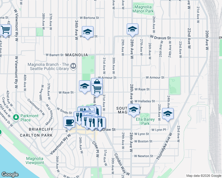 map of restaurants, bars, coffee shops, grocery stores, and more near 2566 30th Avenue West in Seattle