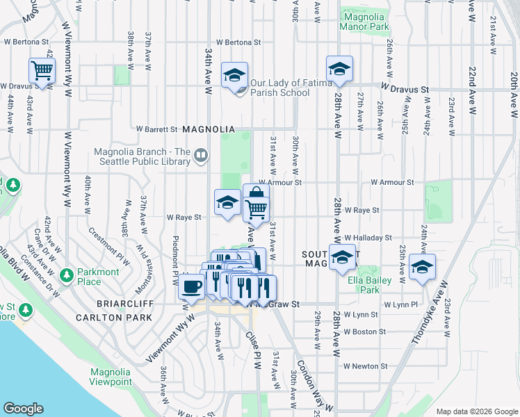 map of restaurants, bars, coffee shops, grocery stores, and more near 2539 32nd Avenue West in Seattle