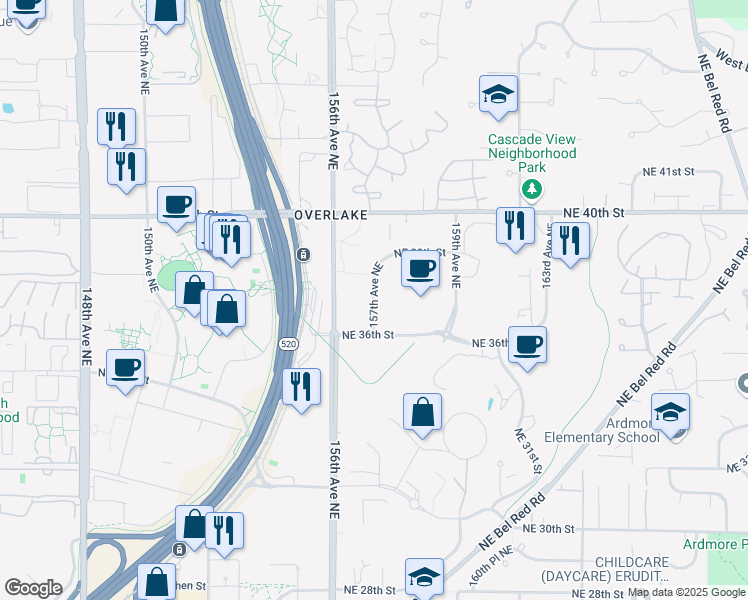 map of restaurants, bars, coffee shops, grocery stores, and more near Microsoft Way in Redmond