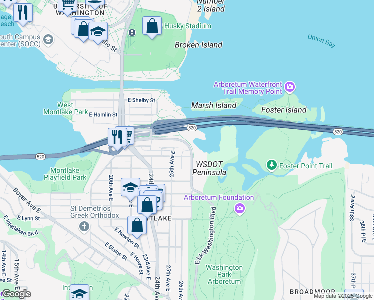 map of restaurants, bars, coffee shops, grocery stores, and more near 2615 East Lake Washington Boulevard in Seattle