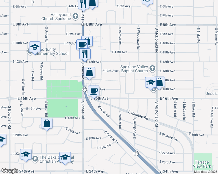map of restaurants, bars, coffee shops, grocery stores, and more near 12521 East 15th Avenue in Spokane Valley