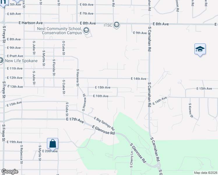 map of restaurants, bars, coffee shops, grocery stores, and more near 4604 East 15th Avenue in Spokane