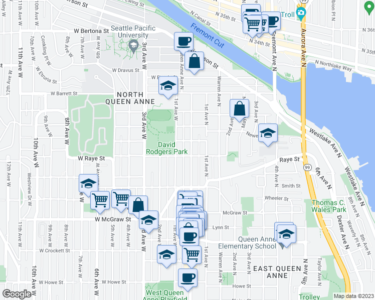 map of restaurants, bars, coffee shops, grocery stores, and more near 2550 Queen Anne Avenue North in Seattle