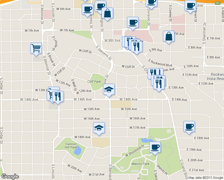 map of restaurants, bars, coffee shops, grocery stores, and more near 1323 South Grove Street in Spokane