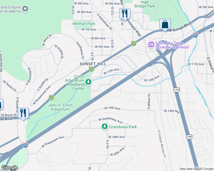 map of restaurants, bars, coffee shops, grocery stores, and more near 1413 South D Street in Spokane