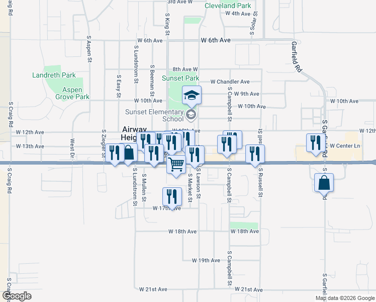 map of restaurants, bars, coffee shops, grocery stores, and more near in Airway Heights