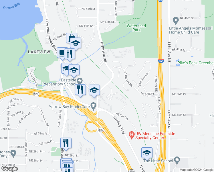 map of restaurants, bars, coffee shops, grocery stores, and more near 10819 Northeast 37th Place in Bellevue