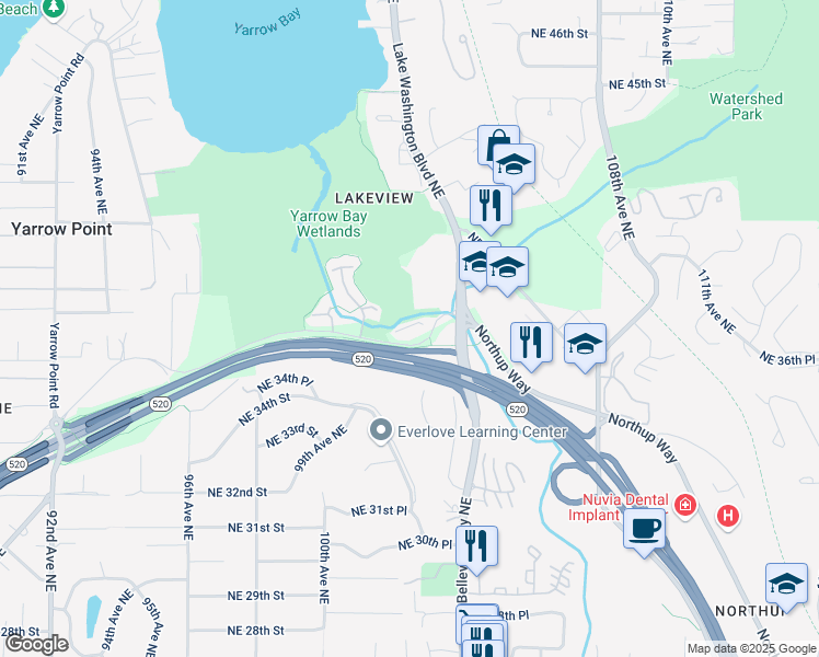 map of restaurants, bars, coffee shops, grocery stores, and more near Lake Washington Boulevard Northeast in Bellevue