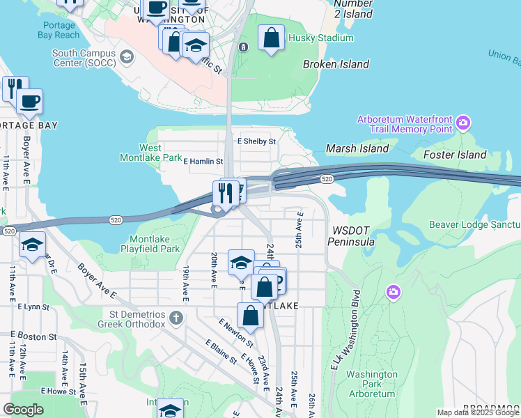 map of restaurants, bars, coffee shops, grocery stores, and more near 2251 East Roanoke Street in Seattle