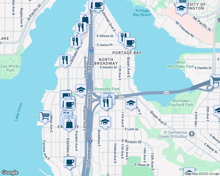map of restaurants, bars, coffee shops, grocery stores, and more near in Seattle