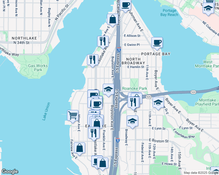 map of restaurants, bars, coffee shops, grocery stores, and more near 2603 Boylston Avenue East in Seattle