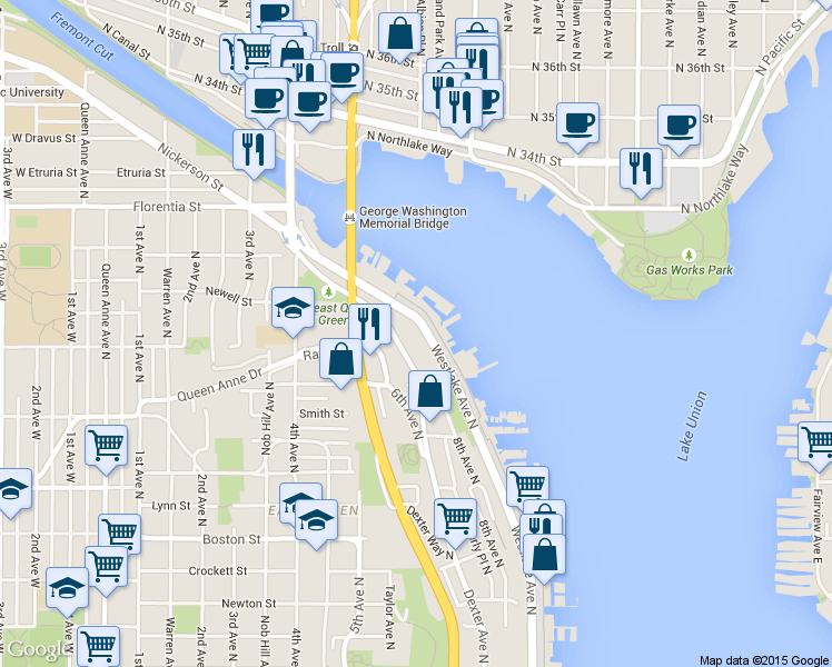 map of restaurants, bars, coffee shops, grocery stores, and more near 2533 Westlake Avenue North in Seattle