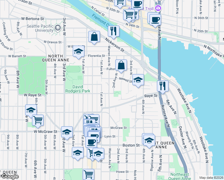 map of restaurants, bars, coffee shops, grocery stores, and more near 2600 2nd Avenue North in Seattle