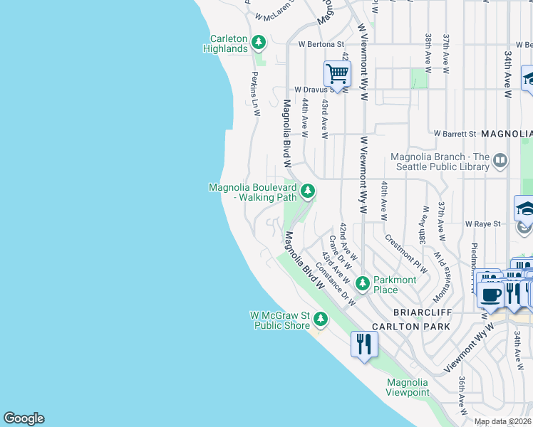 map of restaurants, bars, coffee shops, grocery stores, and more near 2587 Magnolia Boulevard West in Seattle