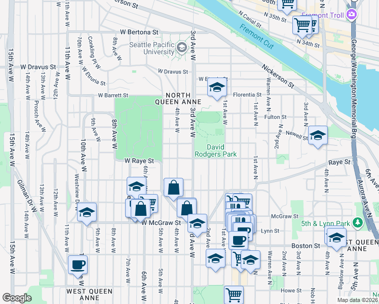 map of restaurants, bars, coffee shops, grocery stores, and more near in Seattle