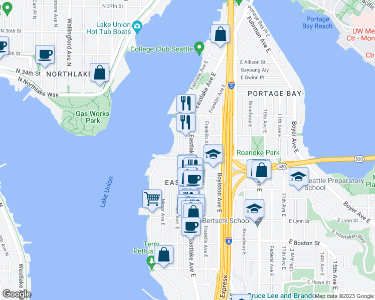 map of restaurants, bars, coffee shops, grocery stores, and more near 109 East Roanoke Street in Seattle