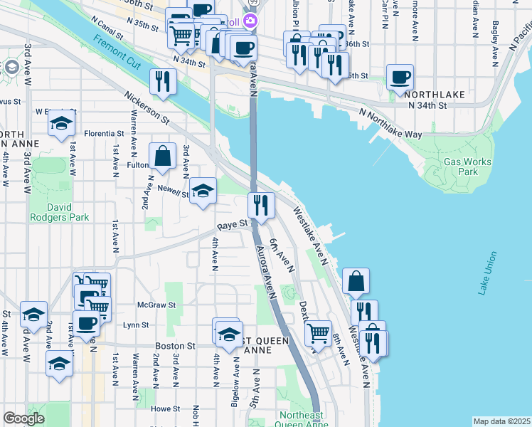 map of restaurants, bars, coffee shops, grocery stores, and more near 2565 Dexter Avenue North in Seattle