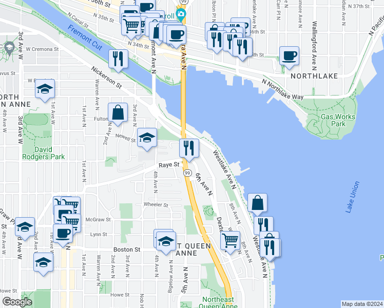 map of restaurants, bars, coffee shops, grocery stores, and more near 2565 Dexter Avenue North in Seattle