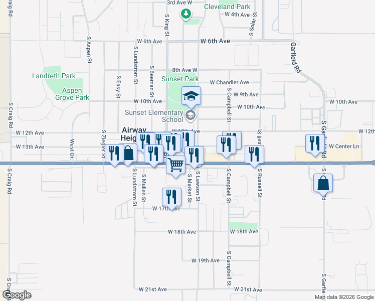 map of restaurants, bars, coffee shops, grocery stores, and more near 12823 West 13th Avenue in Airway Heights