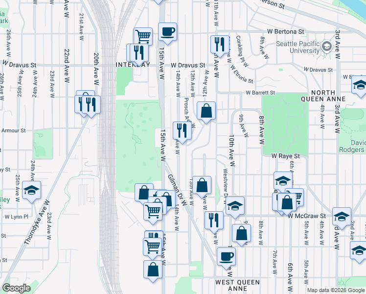 map of restaurants, bars, coffee shops, grocery stores, and more near 2602 14th Avenue West in Seattle