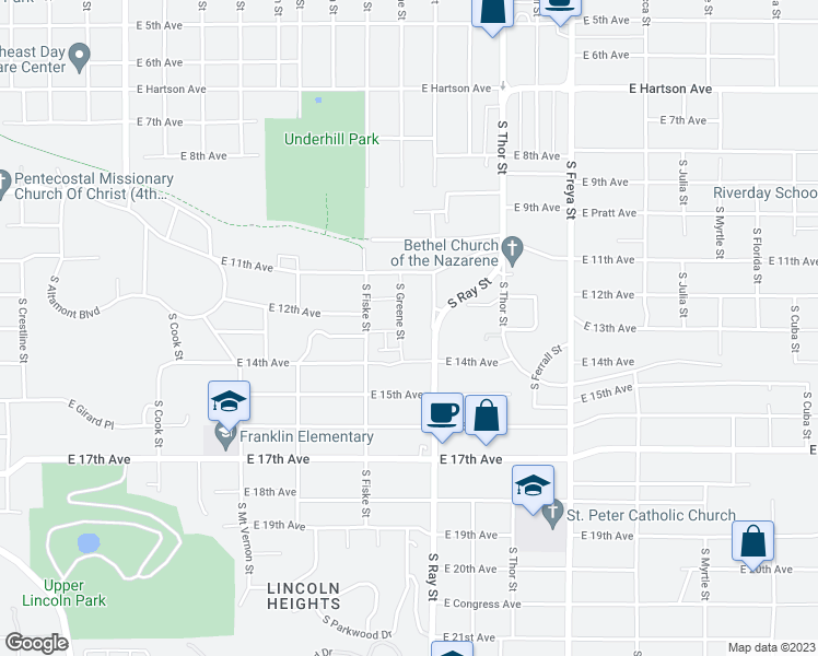 map of restaurants, bars, coffee shops, grocery stores, and more near 1227 South Greene Street in Spokane