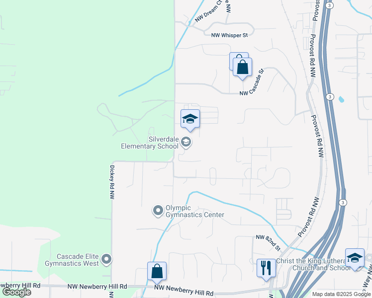 map of restaurants, bars, coffee shops, grocery stores, and more near 9100 Dickey Road Northwest in Silverdale