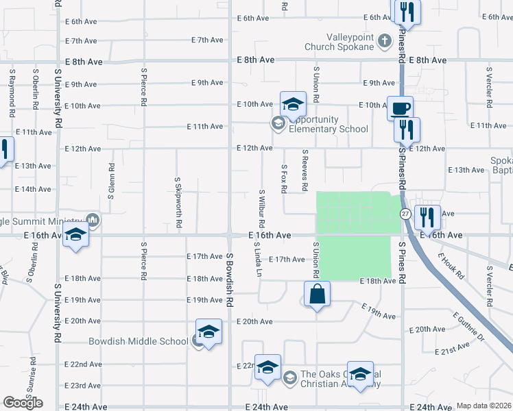 map of restaurants, bars, coffee shops, grocery stores, and more near 1510 South Wilbur Road in Spokane Valley