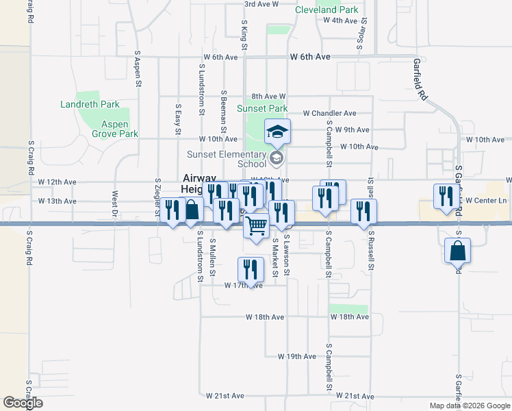 map of restaurants, bars, coffee shops, grocery stores, and more near 12911 West 13th Avenue in Airway Heights