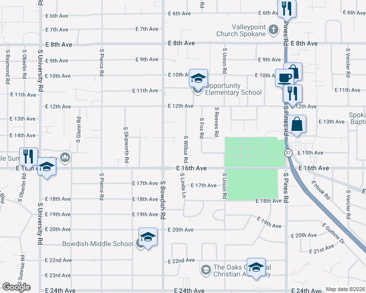 map of restaurants, bars, coffee shops, grocery stores, and more near 1510 South Wilbur Road in Spokane Valley