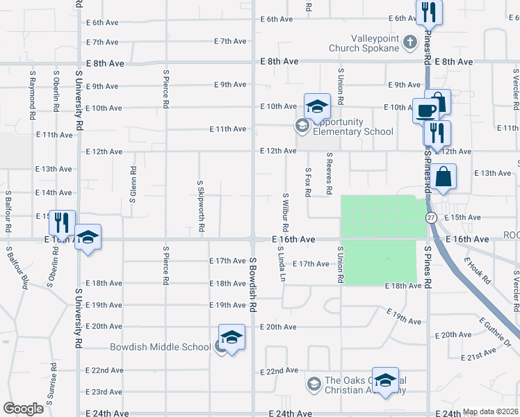 map of restaurants, bars, coffee shops, grocery stores, and more near 1515 South Bowdish Road in Spokane Valley