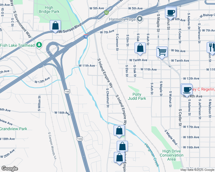 map of restaurants, bars, coffee shops, grocery stores, and more near 1329 South Chestnut Street in Spokane