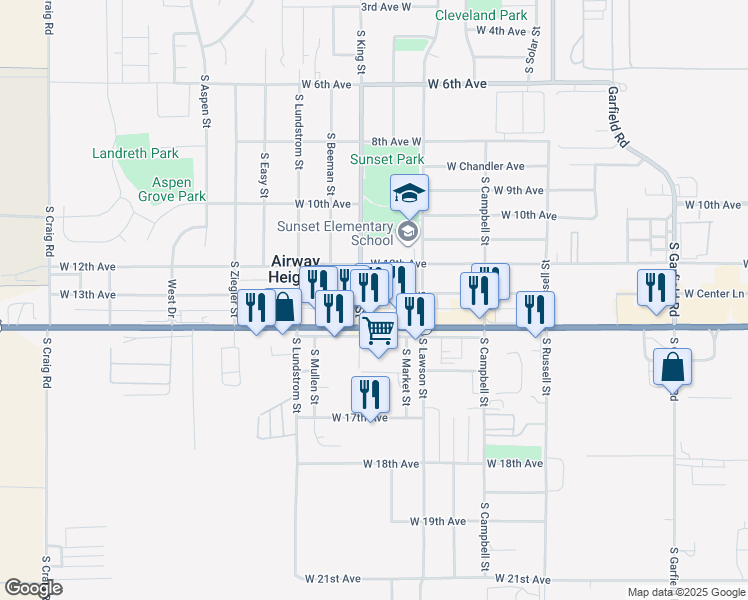 map of restaurants, bars, coffee shops, grocery stores, and more near 12824 West Sunset Highway in Airway Heights