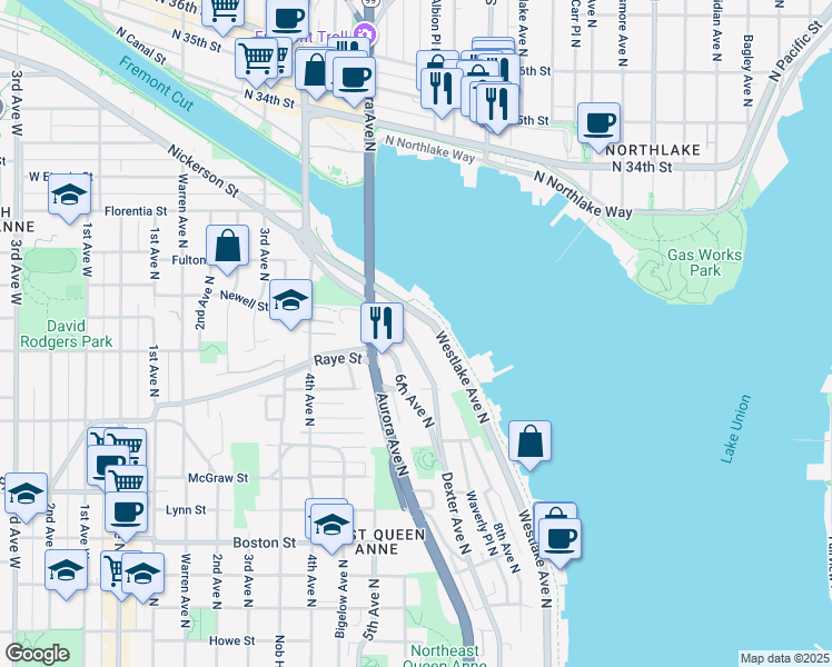map of restaurants, bars, coffee shops, grocery stores, and more near 2508 6th Avenue North in Seattle