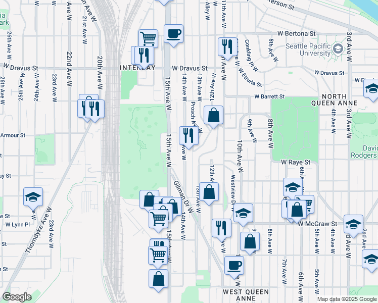 map of restaurants, bars, coffee shops, grocery stores, and more near 2602 14th Avenue West in Seattle