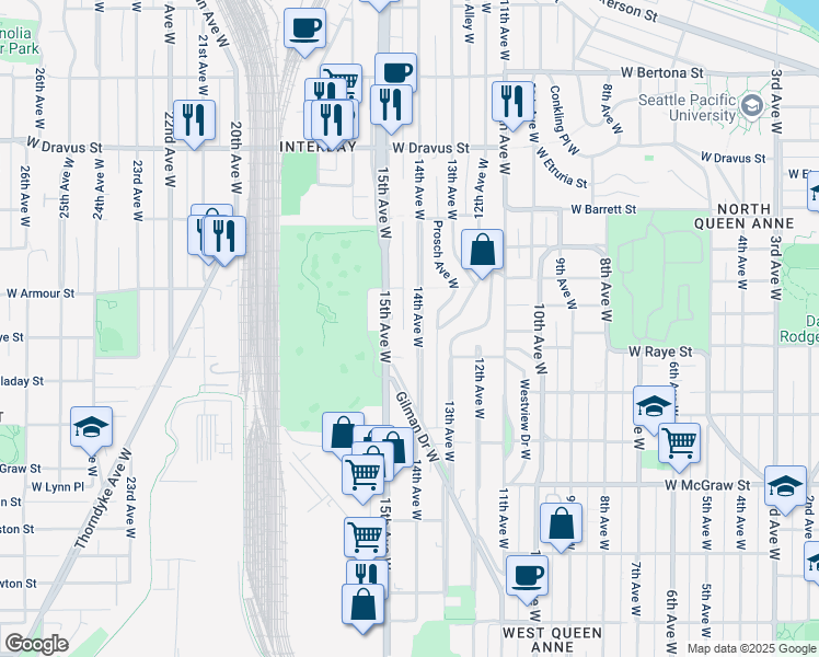 map of restaurants, bars, coffee shops, grocery stores, and more near 2606 15th Avenue West in Seattle