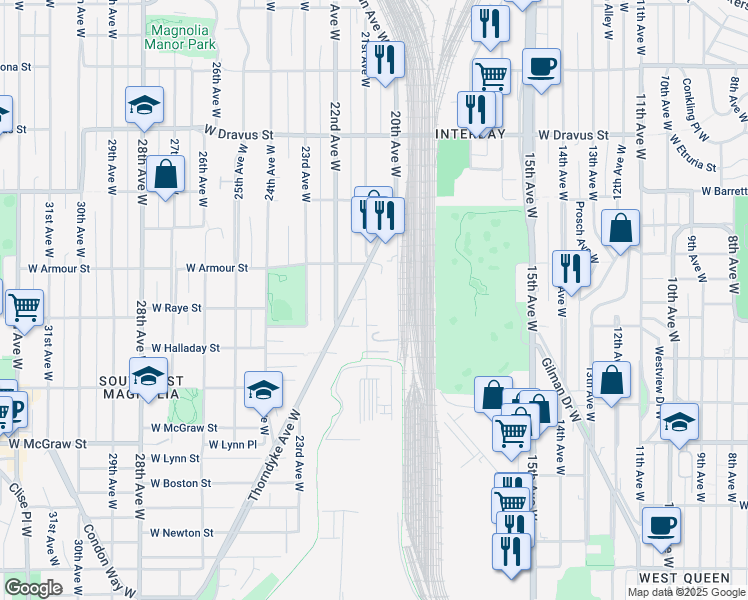 map of restaurants, bars, coffee shops, grocery stores, and more near 2109 West Raye Street in Seattle