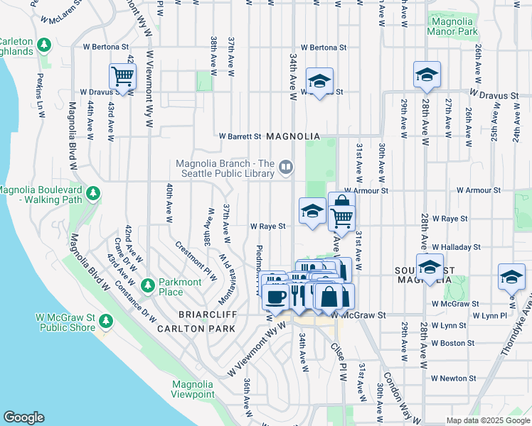 map of restaurants, bars, coffee shops, grocery stores, and more near 3553 West Raye Street in Seattle
