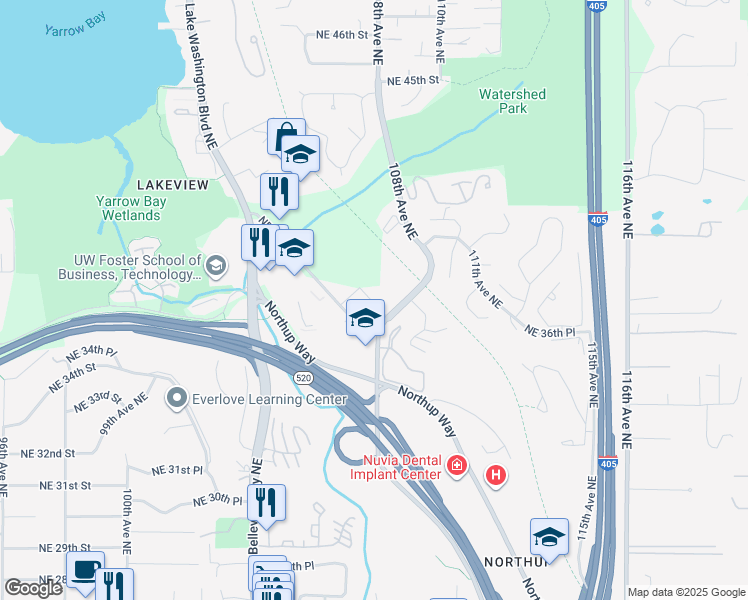 map of restaurants, bars, coffee shops, grocery stores, and more near 108th Place Northeast in Kirkland