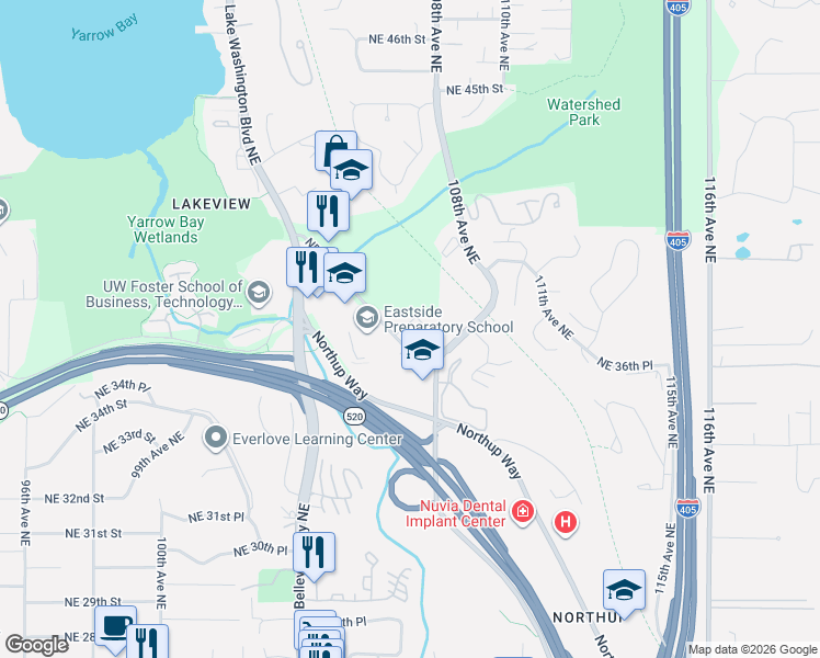 map of restaurants, bars, coffee shops, grocery stores, and more near 10711 Northeast 37th Court in Kirkland
