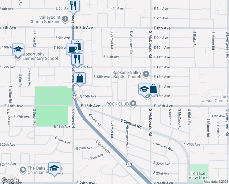 map of restaurants, bars, coffee shops, grocery stores, and more near 1512 South Virginia Road in Spokane Valley
