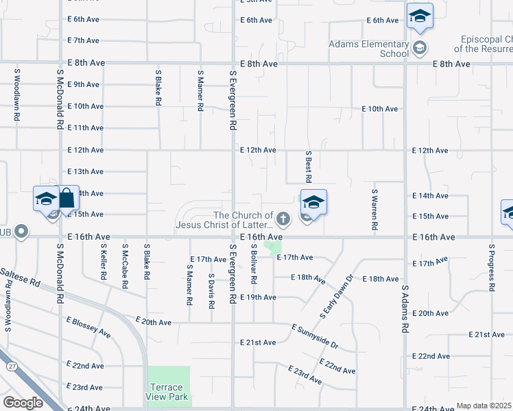 map of restaurants, bars, coffee shops, grocery stores, and more near 1504 South Bolivar Road in Spokane Valley