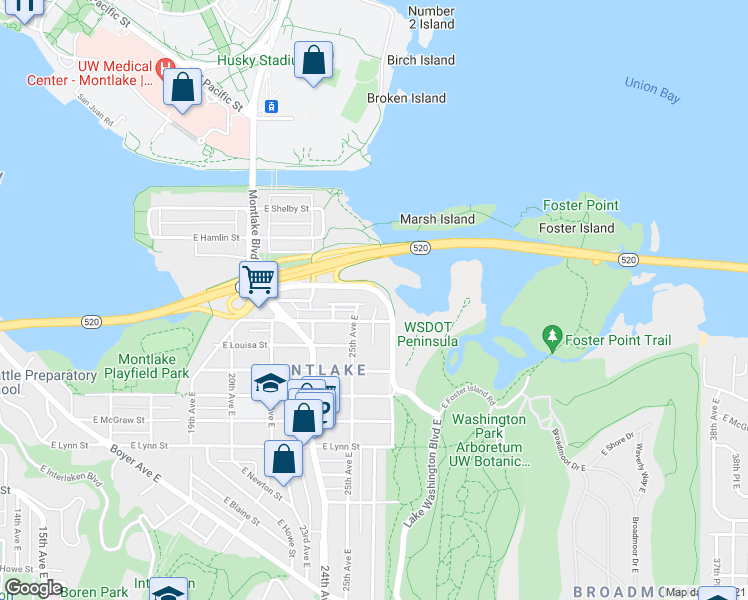 map of restaurants, bars, coffee shops, grocery stores, and more near 2459 East Lake Washington Boulevard in Seattle