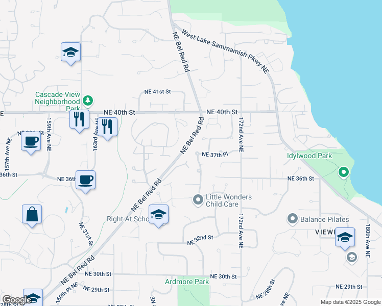 map of restaurants, bars, coffee shops, grocery stores, and more near 16909 Northeast 37th Place in Bellevue