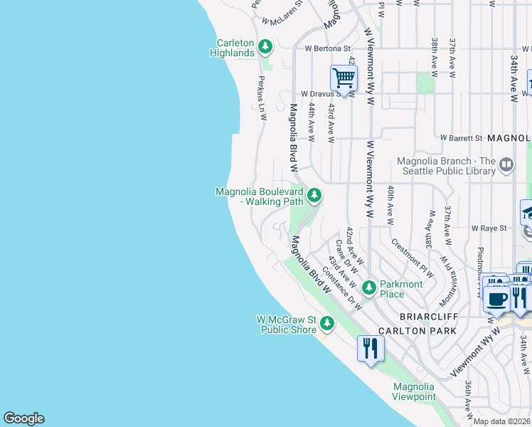 map of restaurants, bars, coffee shops, grocery stores, and more near 2640 Perkins Lane West in Seattle