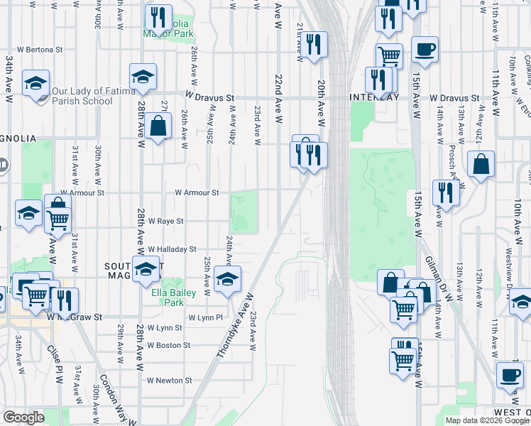 map of restaurants, bars, coffee shops, grocery stores, and more near 2653 22nd Avenue West in Seattle