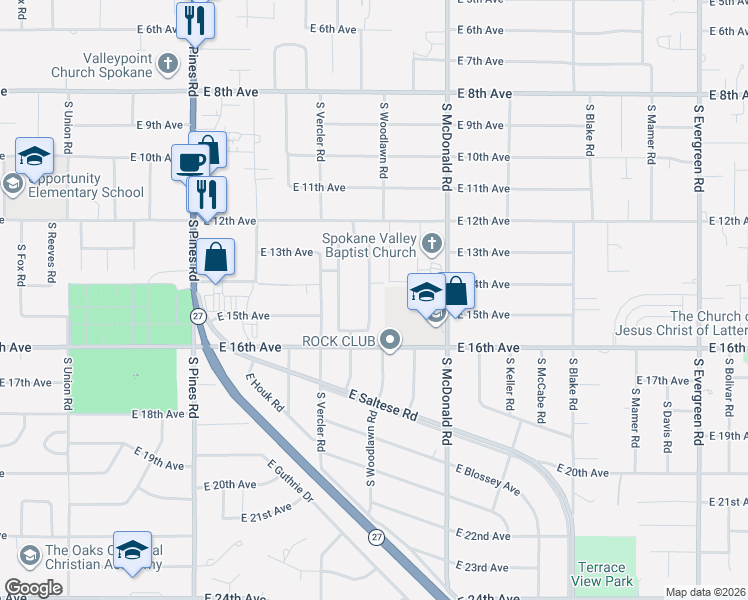 map of restaurants, bars, coffee shops, grocery stores, and more near 1322 South Woodlawn Road in Spokane Valley
