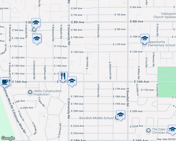 map of restaurants, bars, coffee shops, grocery stores, and more near 1327 South Glenn Road in Spokane Valley